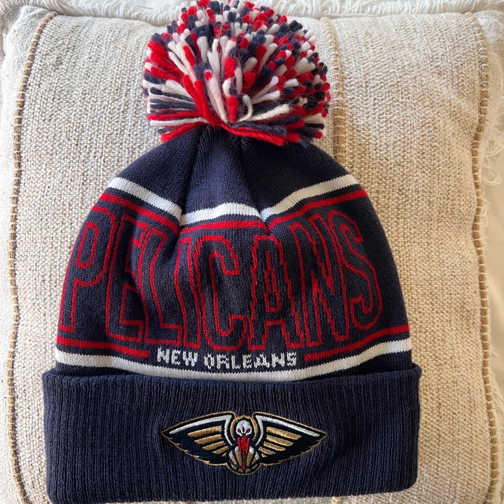 adidas Navy and Red Pelicans Pom-Pom Beanie